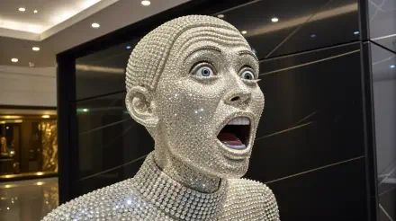 A striking 4K Ultra HD wallpaper featuring a surprised figure adorned with sparkling crystals, capturing an expressive moment of astonishment in a sleek, modern setting.