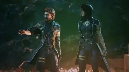 A striking HD wallpaper from the video game Clair Obscur: Expedition 33, featuring two characters in a mysterious, illuminated forest setting.