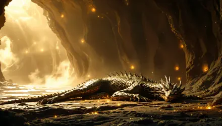 A majestic dragon rests in its lair, illuminated by a warm glow and scattered sparks, captured in stunning 4K Ultra HD for a striking desktop wallpaper and background.