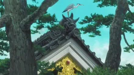 HD anime wallpaper from Studio Ghibli's The Boy and the Heron, featuring a heron perched atop a traditional Japanese rooftop surrounded by lush trees.