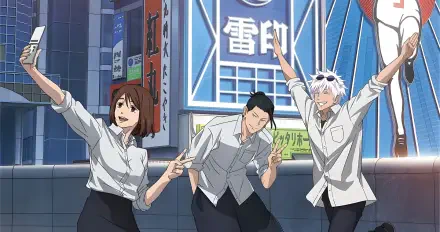 4K Ultra HD anime wallpaper: Jujutsu Kaisen's Shoko Ieiri with Satoru Gojo and Suguru Geto (Gojo & Geto) posing cheerfully in a neon cityscape — PC desktop background.