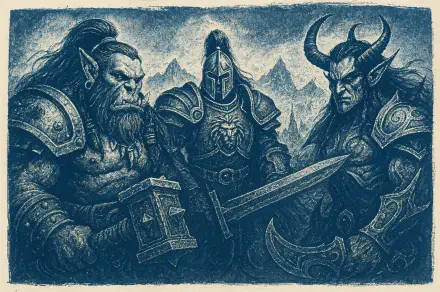 4K Ultra HD Warcraft desktop wallpaper featuring three armored warriors—a fierce orc, a knight with a glowing sword, and a horned demon—in a rugged, mountainous landscape.