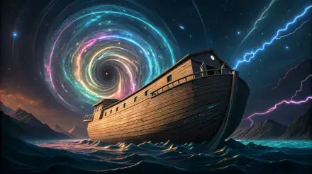 A dramatic 4K Ultra HD PC desktop wallpaper showing Noah's Ark sailing through stormy waters under a swirling, colorful vortex in the night sky.