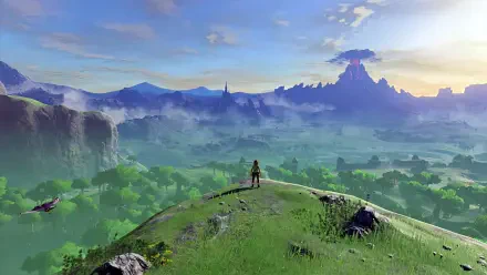 HD PC desktop wallpaper of The Legend of Zelda: Breath of the Wild — Link on a grassy hill overlooking vast Hyrule plains, with a distant volcano and castle at sunrise.