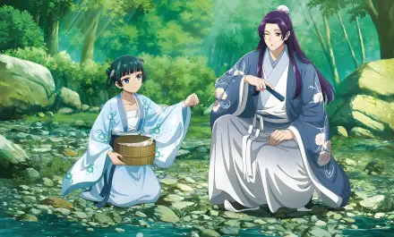 Anime-style 4K Ultra HD wallpaper featuring Maomao and Jinshi from The Apothecary Diaries sharing a serene moment by a forest stream.