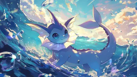 HD anime-style desktop wallpaper featuring Vaporeon, the blue Water-type Pokémon, swimming gracefully underwater with light filtering through the waves.