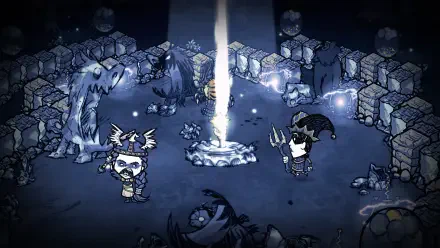 HD desktop wallpaper featuring characters and creatures from the video game Don't Starve Together gathered around a glowing campfire in a dark, stone-walled environment.
