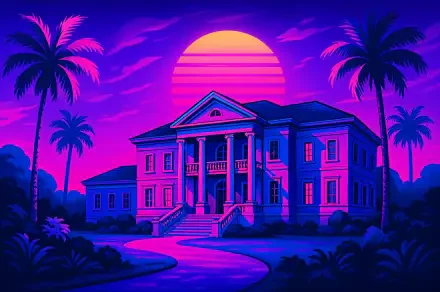 A vibrant 4K Ultra HD desktop wallpaper of a grand mansion framed by palm trees under a neon pink and purple sunset sky.