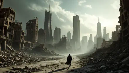 4K Ultra HD wallpaper of a lone figure walking through a desolate, crumbling post-apocalyptic cityscape under a cloudy sky.