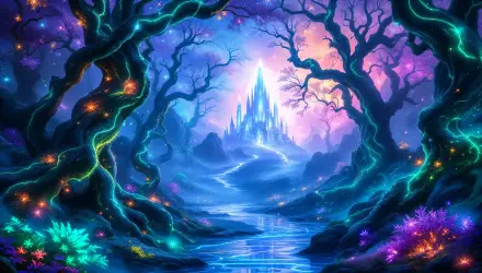 A vibrant magical realm with glowing trees and a majestic castle in the distance, captured in stunning 4K Ultra HD for a PC desktop wallpaper.