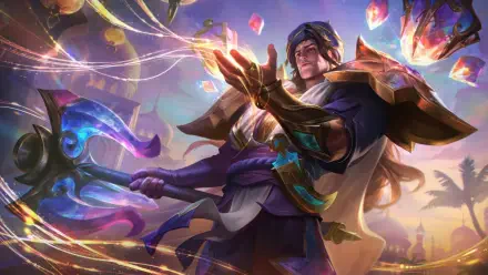 Ultra HD 8K wallpaper featuring Taric from League of Legends as a radiant wizard wielding magical crystals and a glowing axe.