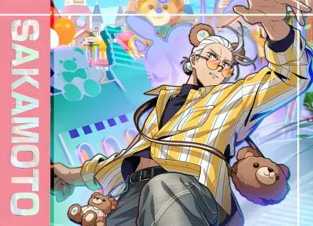 Anime 2K Quad HD PC desktop wallpaper: Taro Sakamoto from Sakamoto Days striking a cool pose amid colorful arcade motifs, teddy-bear accessories and vibrant pastel tones.