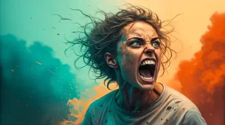 A 4K Ultra HD PC desktop wallpaper depicting a person with an intense, furious expression, hair wild and eyes wide, against a dramatic blue and orange smoky background.
