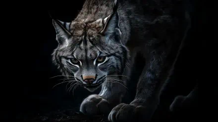 A dark, intense HD wildlife wallpaper featuring a lynx in hunting mode, captured in striking detail against a black background.