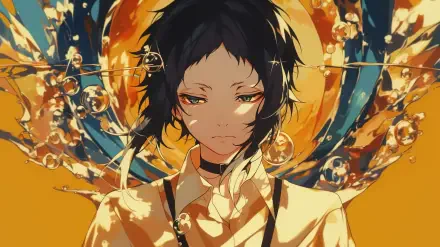 HD anime desktop wallpaper featuring Ryūnosuke Akutagawa from Bungou Stray Dogs with a striking yellow background and intricate artistic details.