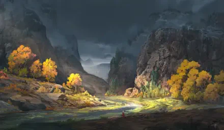 HD PC desktop wallpaper depicting a dramatic mountain landscape with rugged cliffs, glowing autumn trees, and a moody cloudscape under a dark sky.