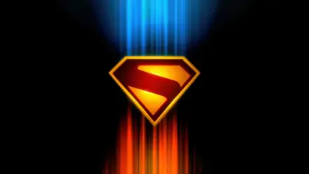 8K Ultra HD PC desktop wallpaper featuring the glowing Superman emblem with blue and orange light streaks, inspired by the movie Superman (2025).
