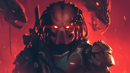 HD PC desktop wallpaper featuring a red-toned anime-style Predator from Alien vs. Predator, glowing eyes and iconic armor set against a fiery background with alien silhouettes.