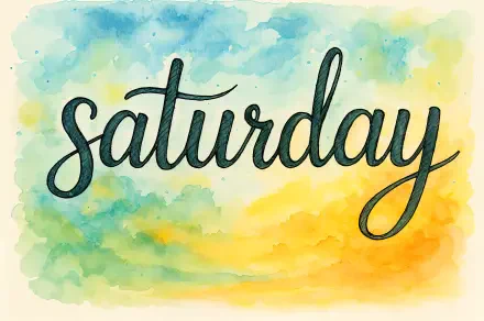 Watercolor background in blue, green, and yellow tones with the word saturday handwritten in black script, a 4K Ultra HD PC desktop wallpaper and background.