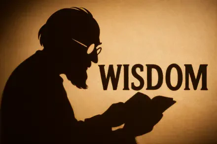 Silhouette of an elderly man reading a book with the word WISDOM in bold, rendered as a sharp 4K Ultra HD PC desktop wallpaper background.