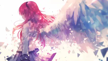 HD anime desktop wallpaper featuring Yui from Angel Beats! with flowing red hair and large, ethereal angel wings fading into fragmented light.