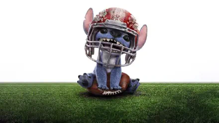 Stitch from the movie Lilo & Stitch (2025) dressed in football gear, sitting on a grassy field, shown in 4K Ultra HD PC desktop wallpaper quality.