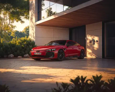 Red Audi E-Tron GT Quattro electric car parked in a modern driveway, captured in 4K Ultra HD as a PC desktop wallpaper and background.
