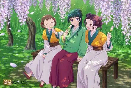 Anime HD PC desktop wallpaper from The Apothecary Diaries: Xiaolan, Maomao, and Shisui seated on a bench beneath blooming wisteria in a sunlit spring meadow.