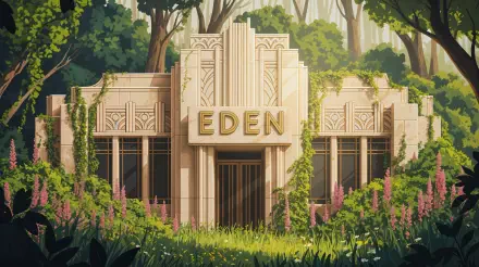 Art deco style building with the word EDEN on the facade, surrounded by lush greenery and flowers, rendered in 4K Ultra HD as a PC desktop wallpaper.
