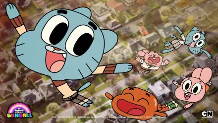 HD PC desktop wallpaper featuring Gumball Watterson, Darwin Watterson, and Anais Watterson from the TV show The Amazing World of Gumball in a joyful skydiving scene.