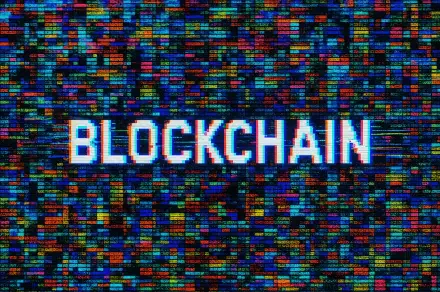 4K Ultra HD desktop wallpaper featuring the word BLOCKCHAIN in bold white text over a vibrant, colorful digital matrix background.
