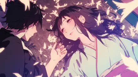 Anime HD wallpaper featuring Yato and Hiyori Iki from Noragami, surrounded by glowing butterflies in a serene and ethereal scene.