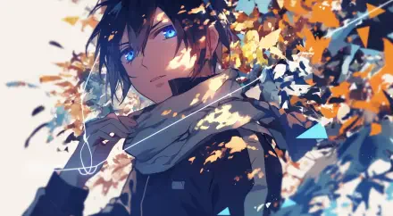 HD anime desktop wallpaper featuring Yato from Noragami, depicted as an anime boy with striking blue eyes amidst vibrant autumn leaves and dynamic lighting.