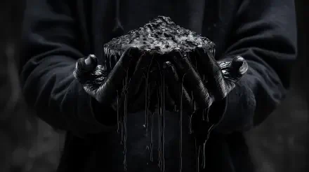 Dark-themed 4K Ultra HD PC wallpaper showing gloved hands holding a dripping, charred, blackened object against a shadowy background.