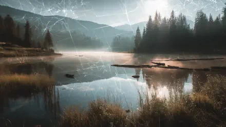 HD PC desktop wallpaper showing a serene forest landscape reflected in still water, overlaid with a cracked screen effect.