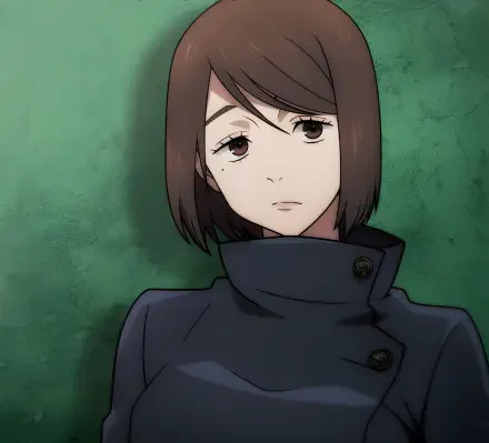 HD anime wallpaper featuring Shoko Ieiri from Jujutsu Kaisen with a calm expression against a muted green background.