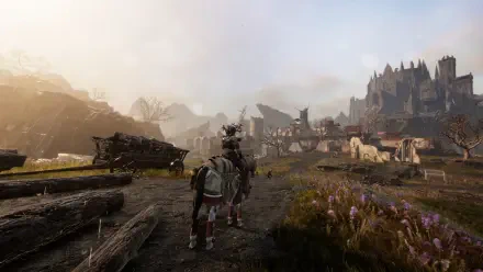 HD desktop wallpaper showcasing a medieval village from the video game Tainted Grail: The Fall of Avalon, featuring a rider on horseback amidst rustic buildings and a distant castle.