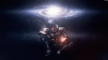 8K Ultra HD wallpaper featuring Commander Shepard from the Mass Effect video game, set against a cosmic galaxy backdrop for a striking PC desktop background.