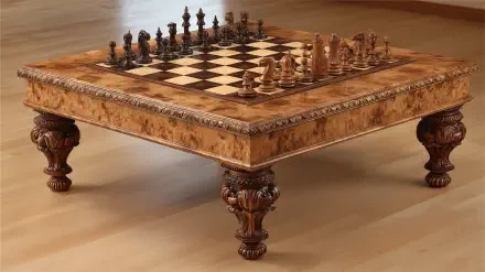 HD desktop wallpaper featuring an intricately carved wooden chessboard table with detailed chess pieces set for play on a polished wood floor.