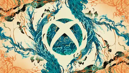 HD PC desktop wallpaper featuring dynamic Xbox gaming art with swirling blue and orange organic patterns surrounding the iconic Xbox logo, blending video game culture and digital design.