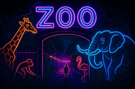Neon-style 4K Ultra HD PC desktop wallpaper depicting a zoo entrance with glowing outlines of a giraffe, elephant, flamingo, and monkey against a dark background.