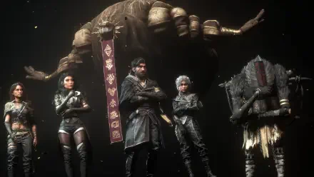 HD PC desktop wallpaper from the video game Clair Obscur: Expedition 33, featuring a group of characters in dark, futuristic attire standing under a giant creature.