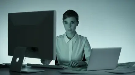 Office worker focused on tasks with dual monitors in a minimalist workspace, captured in 4K Ultra HD for PC desktop wallpaper and background.