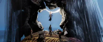 HD PC desktop wallpaper from the video game Clair Obscur: Expedition 33, depicting characters inside a cave looking toward a bright sky and moon.