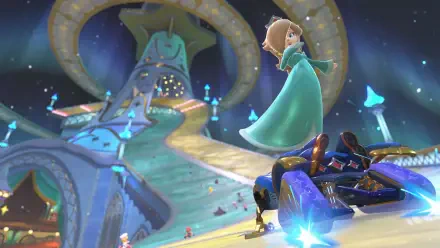4K Ultra HD Mario Kart World wallpaper featuring a dynamic race scene with a character in a blue dress and a high-tech kart speeding down a glowing, futuristic track.