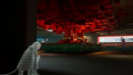 HD PC desktop wallpaper from the video game Etheria: Restart, featuring a stylized digital environment with glowing red cubes suspended above a futuristic platform.