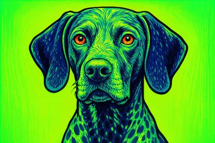 Vibrant digital artwork of a German Shorthaired Pointer with striking orange eyes on a bright green background, rendered in 4K Ultra HD for PC desktop wallpaper.