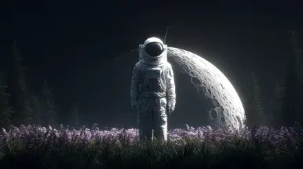 A sci-fi astronaut stands in a field of flowers under a large, detailed moon, rendered in stunning 4K Ultra HD for a PC desktop wallpaper background.