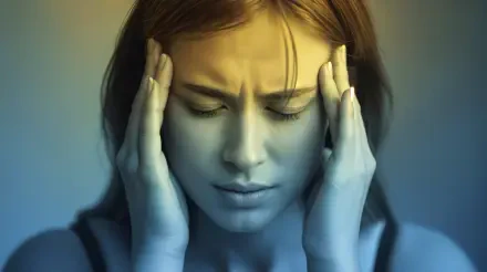 A woman with eyes closed, pressing her temples in pain, representing a headache; styled as a 4K Ultra HD PC desktop wallpaper and background.