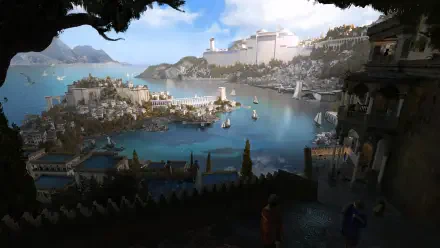 4K Ultra HD desktop wallpaper painting of a serene medieval cityscape with historic architecture and a vibrant harbor set against a calm waterfront landscape.